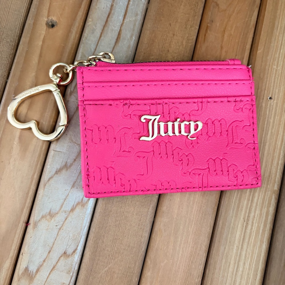 Juicy Couture Hot Pink Card Holder Zip Coin Purse Heart Keychain Y2K
